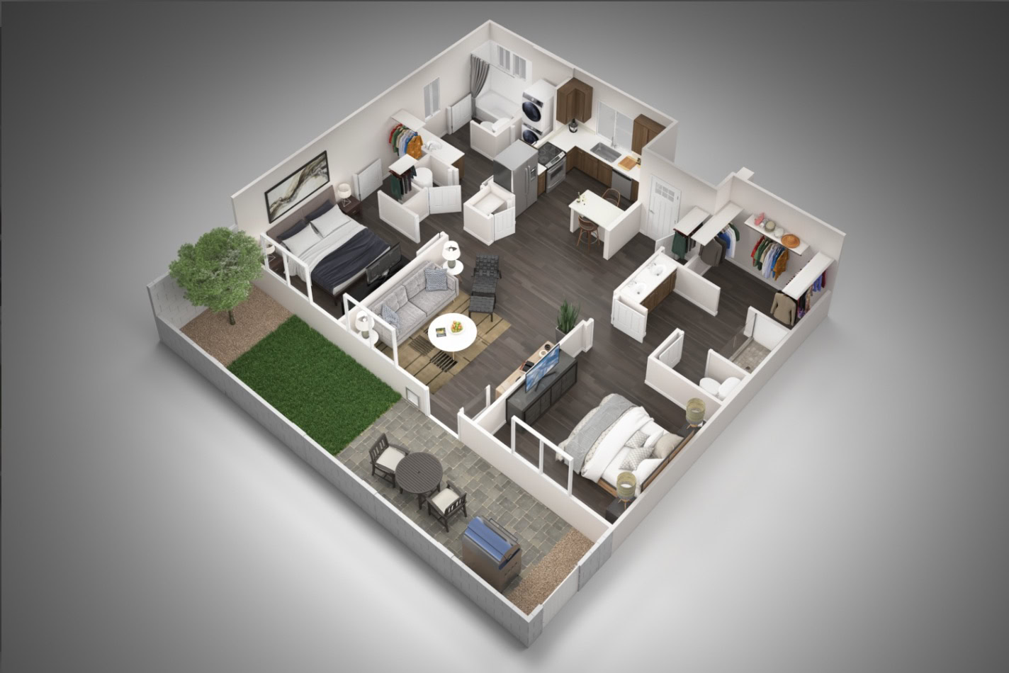 A 3D floor plan of a modern apartment layout is displayed. The space includes a living area with a sofa, coffee table, and television, adjacent to a dining area with a small table and chairs. The kitchen features modern appliances and cabinetry. Two bedrooms are visible, one with a bed and artwork, and the other with a neatly made bed. A bathroom is also included. Outside, there is a small patio area with a round table and chairs, along with a patch of grass and a tree. The overall design is open and well-organized, showcasing a functional living space.