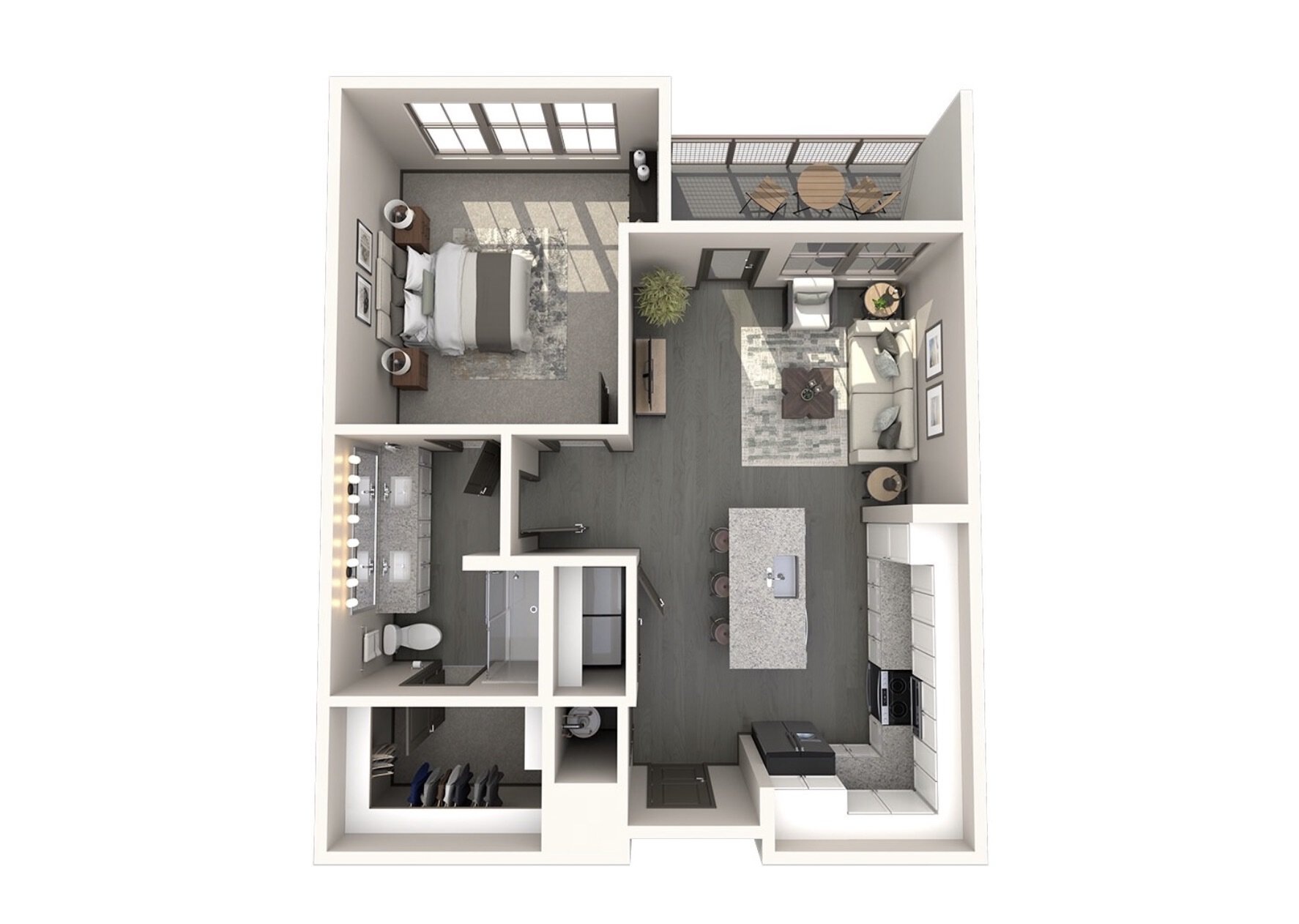 The layout features a one-bedroom apartment with distinct areas for living, dining, and sleeping. The bedroom includes a bed, nightstands, and decorative artwork. Adjacent to the bedroom is a spacious bathroom with dual sinks and a shower. The living area showcases a sofa, coffee table, and additional seating, complemented by a small dining area with a table and chairs. The kitchen is equipped with modern appliances, an island with seating, and ample cabinetry. A balcony is accessible from the living area, providing outdoor space. The flooring is a sleek, dark material throughout.
