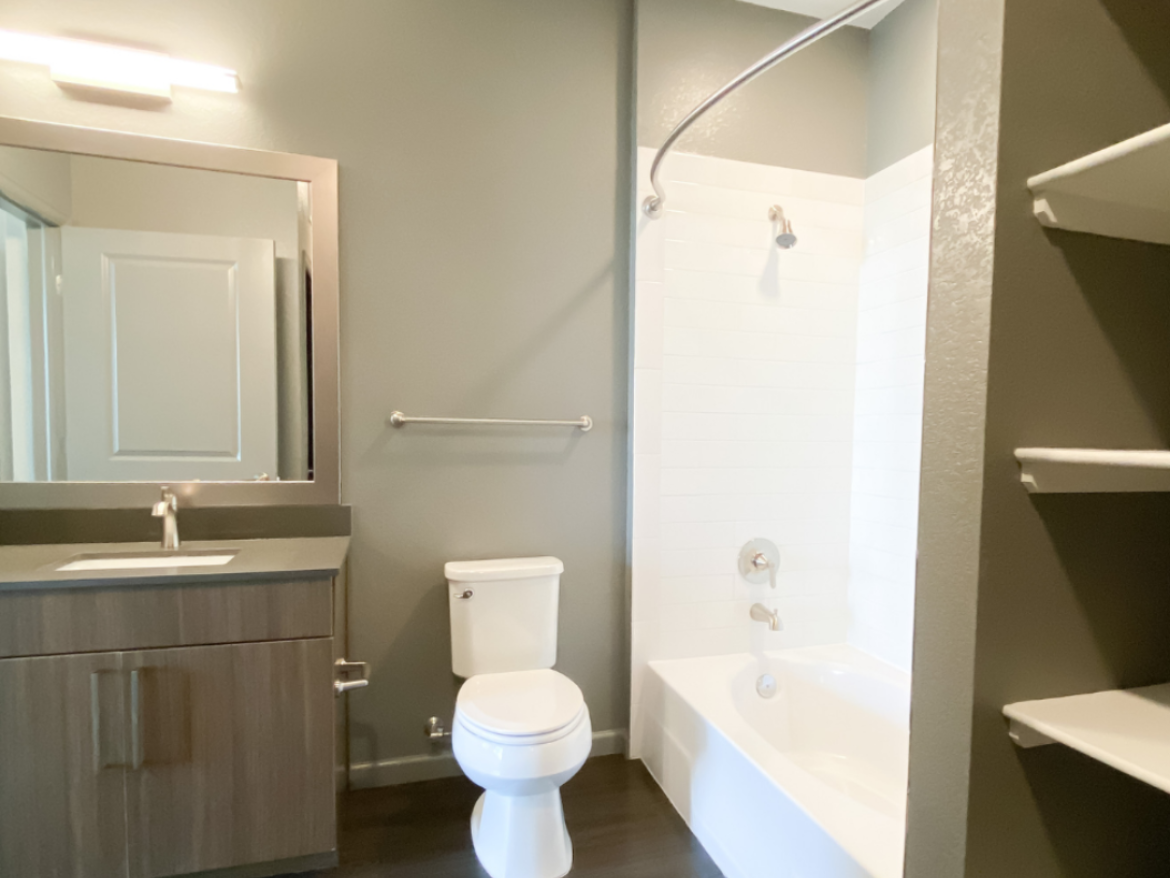 A modern bathroom features a sleek design with a gray wall color. It includes a white toilet and a bathtub with a showerhead above. A rectangular mirror is mounted above a dark wood vanity with a single sink and a faucet. To the right, there are open shelves for storage. The flooring is dark, complementing the overall contemporary aesthetic.