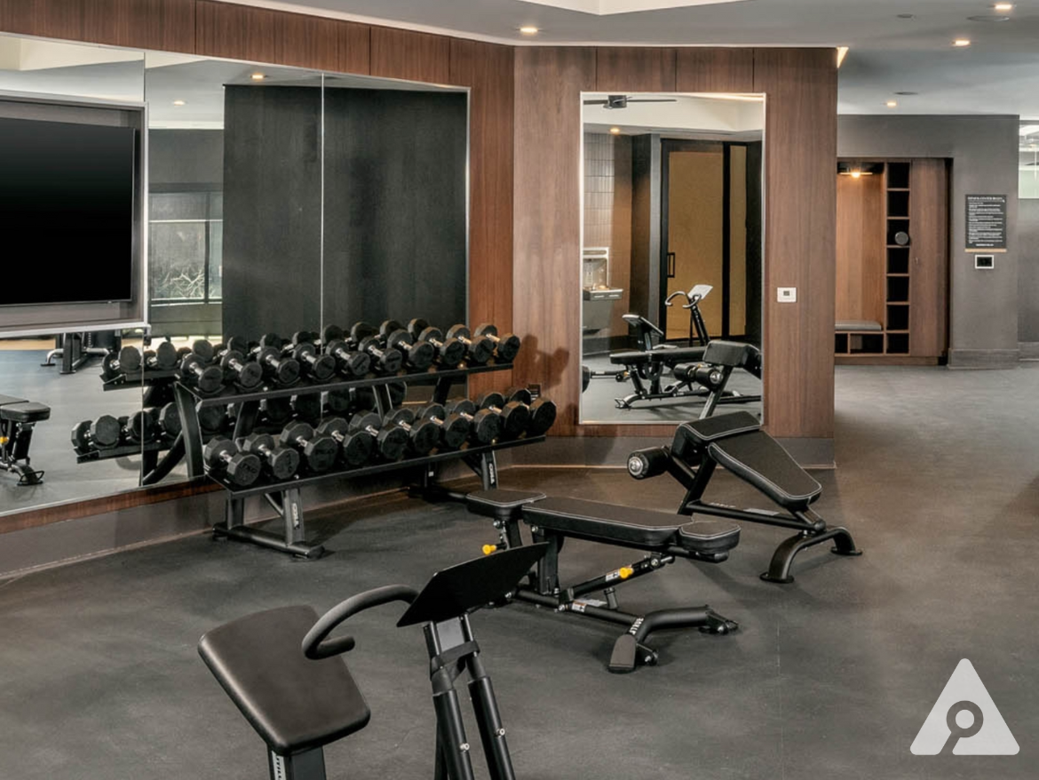Atlanta Apartment gym with modern finishes and tons of free weights.