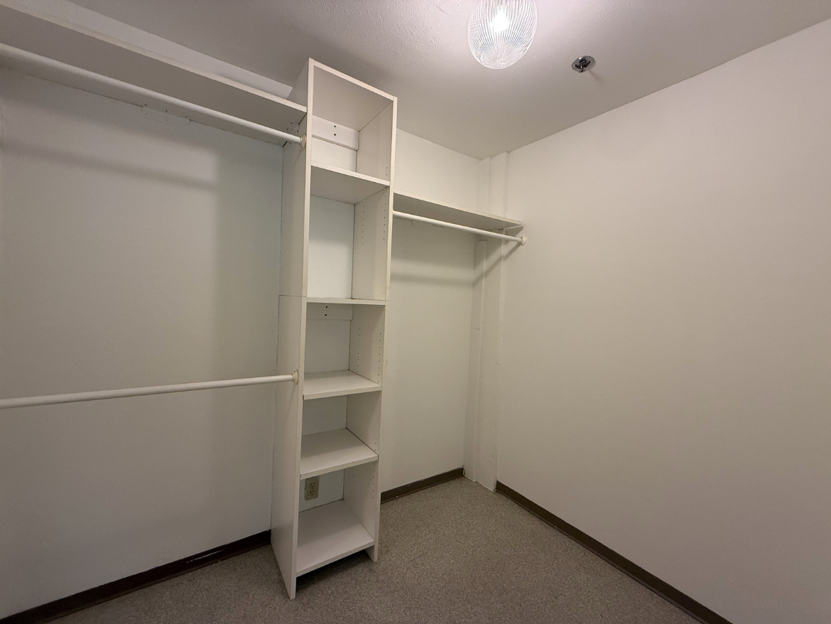 A small, empty closet features a white shelving unit with five open compartments on the left side. Adjacent to it is a horizontal clothing rod mounted on the wall, providing space for hanging clothes. The walls are painted white, and the floor is covered with a light gray carpet. A simple light fixture hangs from the ceiling, illuminating the space.