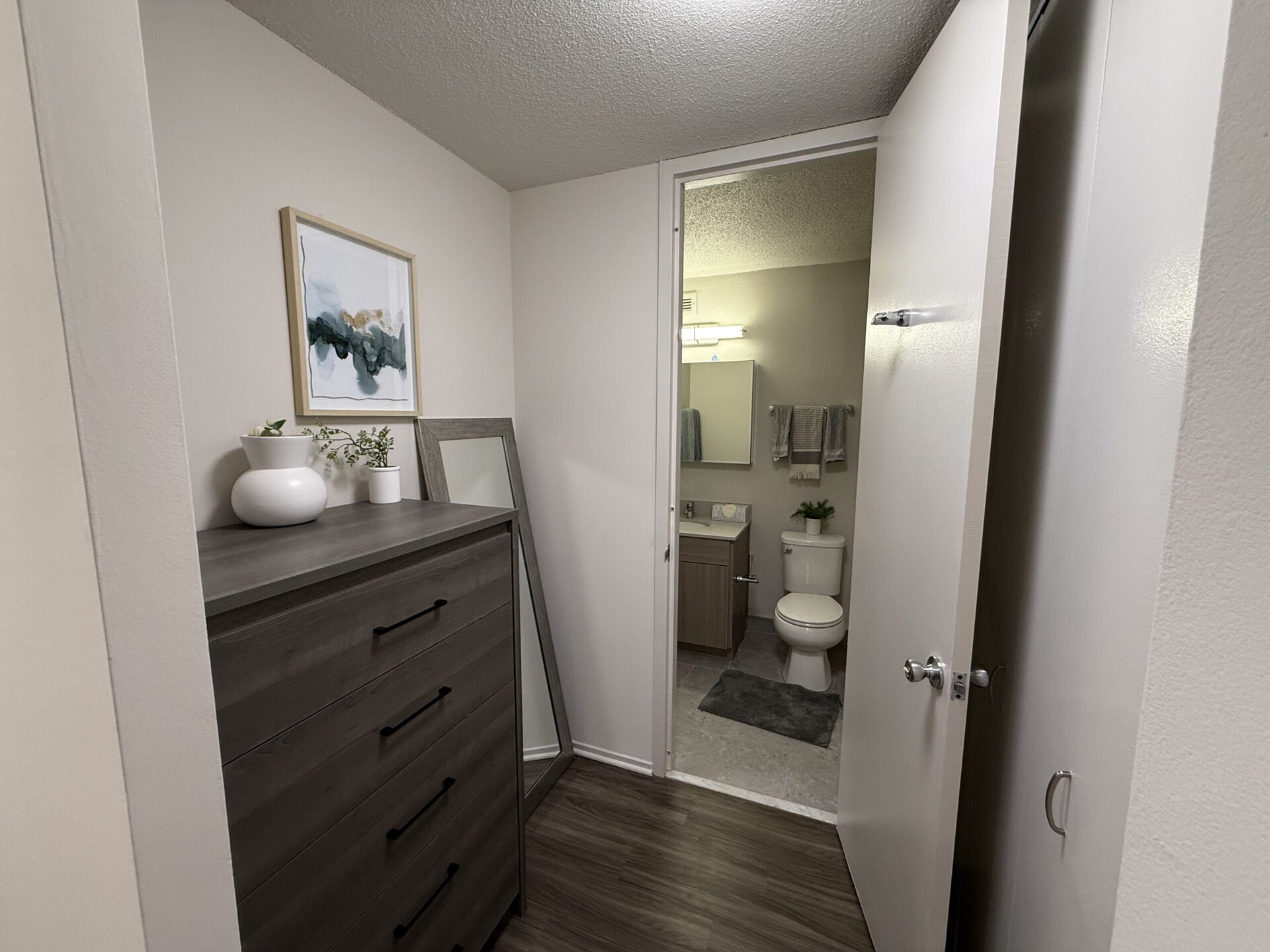 A small entryway leads to a bathroom. On the left, there is a dark wooden dresser with three drawers, topped with a white vase, a small potted plant, and a framed abstract painting featuring shades of blue and green. A large mirror leans against the dresser. The bathroom, visible through an open door, features a white toilet, a light wood vanity with a sink, and a small plant on the counter. Soft gray towels hang on a towel rack, and a bath mat is placed on the floor. The walls are painted in neutral tones, creating a calm atmosphere.