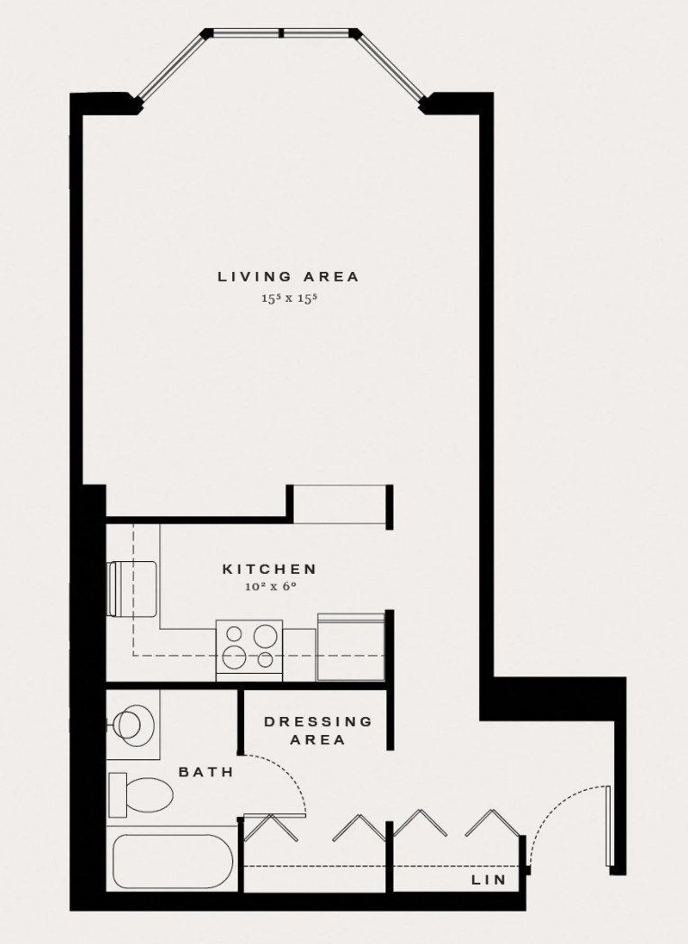The floor plan features a layout with a central living area measuring 15' x 15'. To the left, there is a kitchen area sized 10' x 6', equipped with basic appliances. Below the kitchen, a bathroom is indicated, along with a dressing area adjacent to it. The dressing area leads to a linen closet (LIN) at the bottom right corner. The overall design is compact and functional, with distinct zones for living, cooking, and personal care.