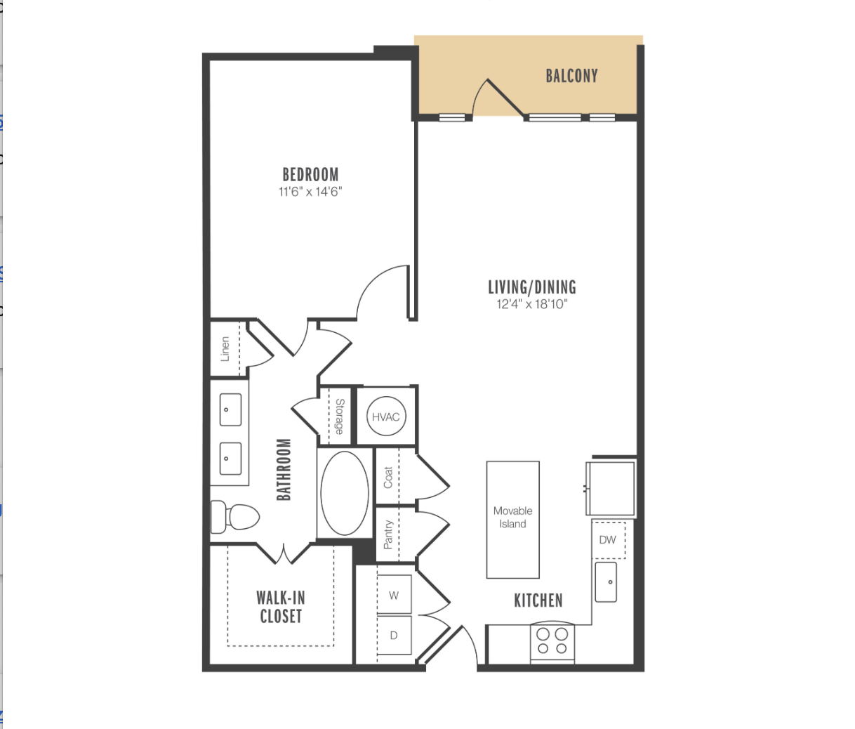 The floor plan features a one-bedroom apartment layout. The bedroom measures 11'6" x 14'6" and is located at the top left. Adjacent to the bedroom is a bathroom with a linen closet and storage space. A walk-in closet is situated below the bathroom. The living and dining area, measuring 12'4" x 18'10", occupies the upper right section, leading to a balcony. The kitchen is positioned below the living/dining area, featuring a movable island, pantry, and appliances including a dishwasher and stove.