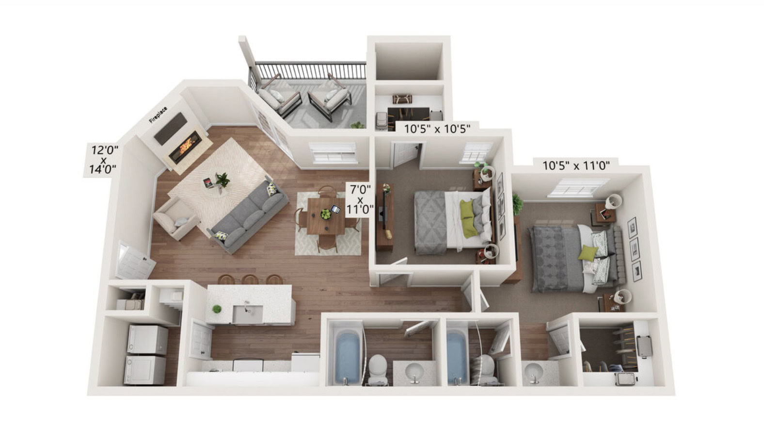 The layout features a spacious open-concept living area with a fireplace, a sofa, and a dining table. Adjacent to the living space is a kitchen with modern appliances. There are two bedrooms, each with a bed and side tables, and a small office area. The design includes two bathrooms, each equipped with a bathtub and toilet. A balcony is accessible from the living area, providing outdoor seating. The overall aesthetic is bright and inviting, with wooden flooring and neutral-colored walls.