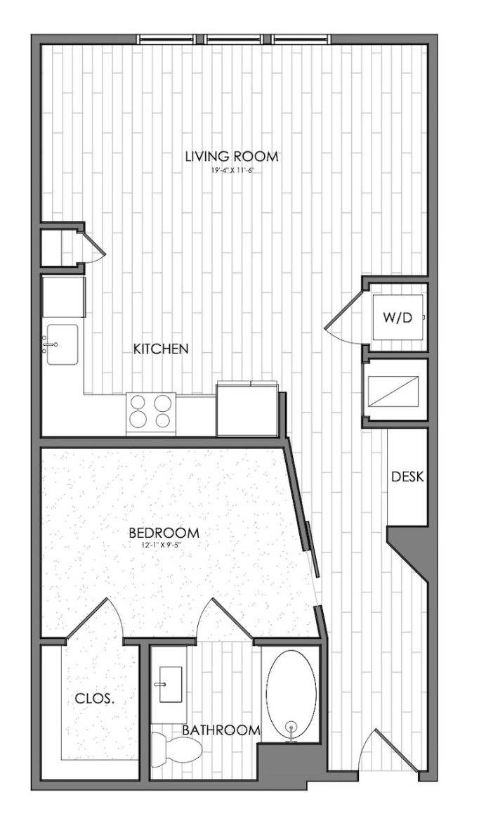 The floor plan features a one-bedroom apartment layout. The living room is spacious, measuring 19'4" x 11'6", and is located at the top of the plan. Adjacent to the living room is a kitchen area with a sink and stove. To the right, there is a designated desk space. The bedroom, measuring 12'1" x 9'5", is located at the bottom left, with a closet labeled "CLOS." Next to the bedroom is a bathroom that includes a toilet and a bathtub. The layout is designed for efficient use of space, with clear separation between living and private areas.
