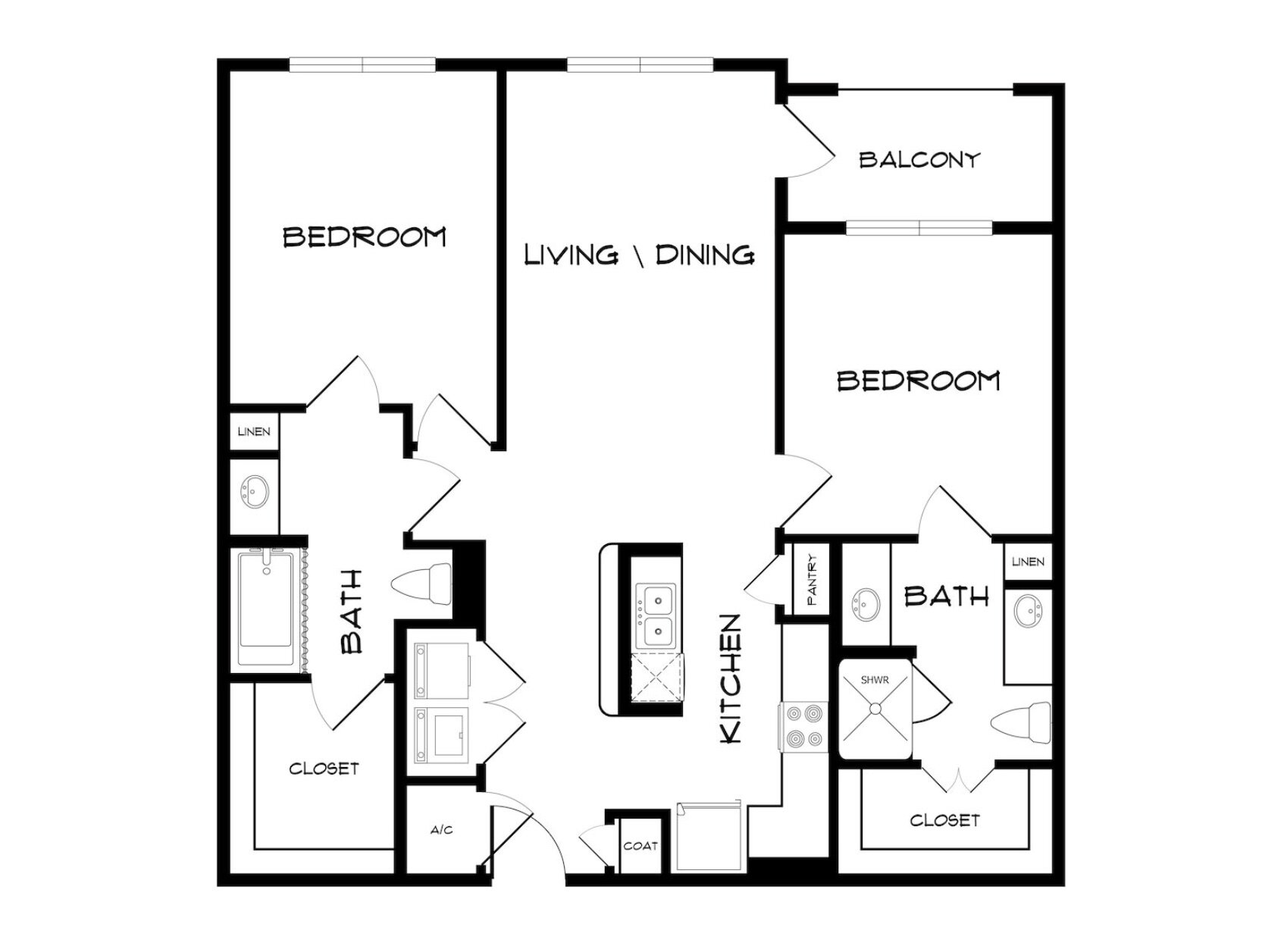 The floor plan features a two-bedroom layout with a central living and dining area. Each bedroom has access to a bathroom, with one bathroom also connected to the living space. The kitchen is located adjacent to the dining area and includes a pantry. There is a balcony accessible from the living area. Additional features include closets in each bedroom and linen storage near the bathrooms.