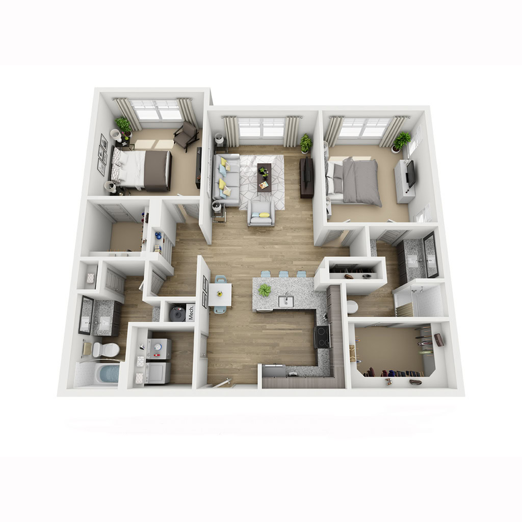 A top-down view of a modern apartment layout featuring multiple rooms. The living area is centrally located, furnished with a sofa, coffee table, and a rug, surrounded by large windows. To the left, there are two bedrooms, each with beds and nightstands. The kitchen is situated at the bottom left, equipped with appliances and a dining area with chairs. A bathroom is adjacent to the kitchen. The overall design includes light wood flooring and neutral-colored walls, with plants adding a touch of greenery throughout the space.