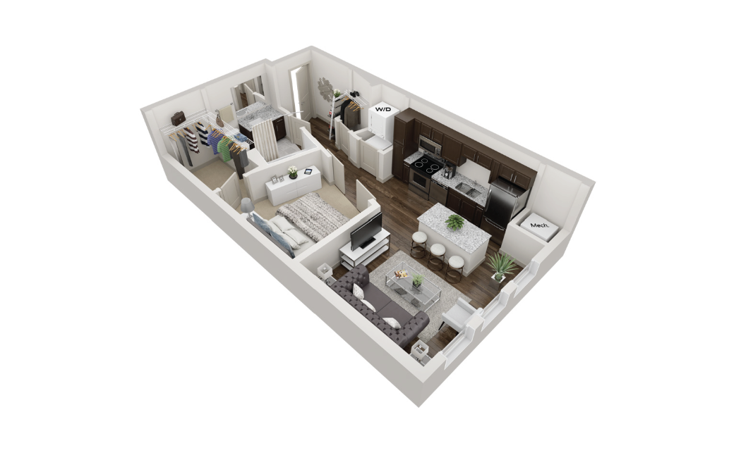 A modern apartment layout featuring an open-concept design. The kitchen, equipped with dark cabinetry and stainless steel appliances, is adjacent to a dining area with a round table and four stools. The living room includes a plush sofa, a coffee table, and a TV stand. A cozy bedroom area is visible, along with a laundry space labeled "W/D." The flooring is a warm wood tone, and decorative plants add a touch of greenery throughout the space.