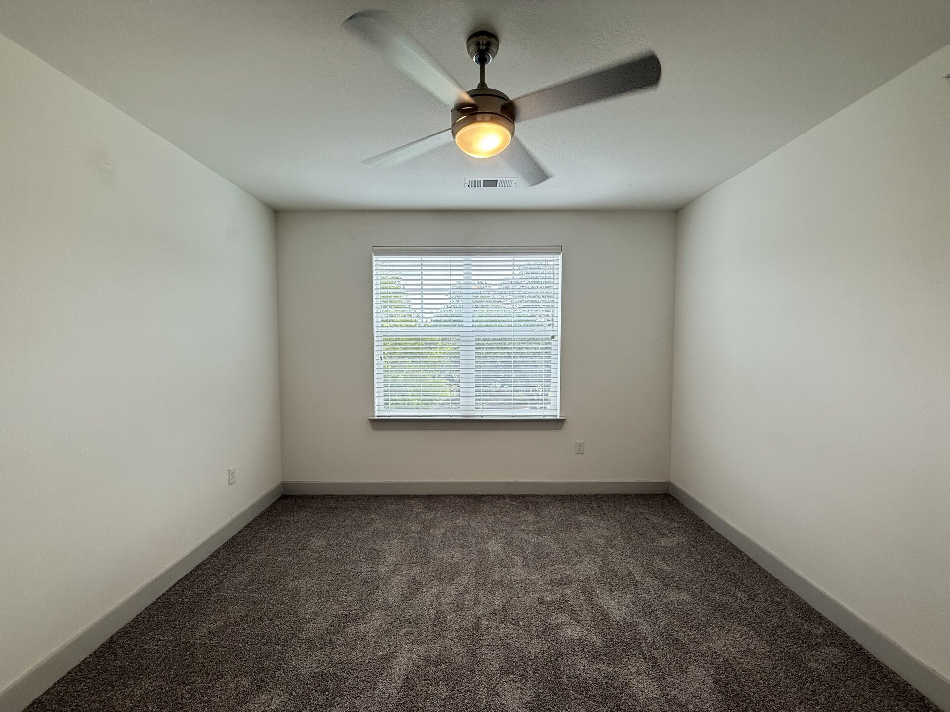 A spacious, empty room featuring light-colored walls and a plush, gray carpet. A ceiling fan with a light fixture is mounted in the center of the ceiling. A large window with white blinds allows natural light to enter, revealing greenery outside. The overall atmosphere is bright and airy, with clean lines and minimal decor.