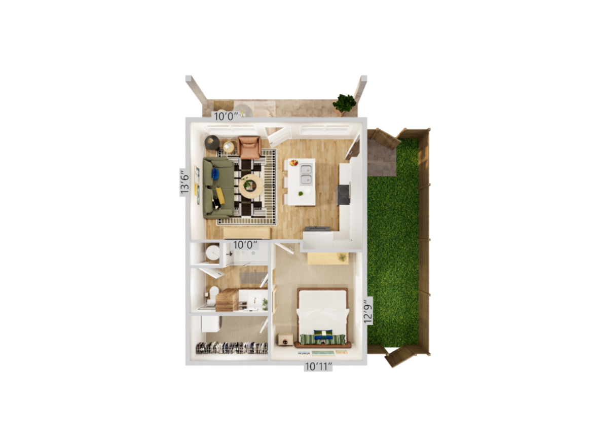 The image displays a top-down layout of a small house or apartment. The main living area features a sofa, coffee table, and a rug, with a dining area nearby. The kitchen is adjacent, equipped with a stove and countertop. There are two bedrooms: one is furnished with a bed and decorative pillows, while the other includes a bathroom. A small outdoor space with grass is visible at the bottom right, enclosed by a fence. Dimensions for each room are indicated, providing a clear sense of space.