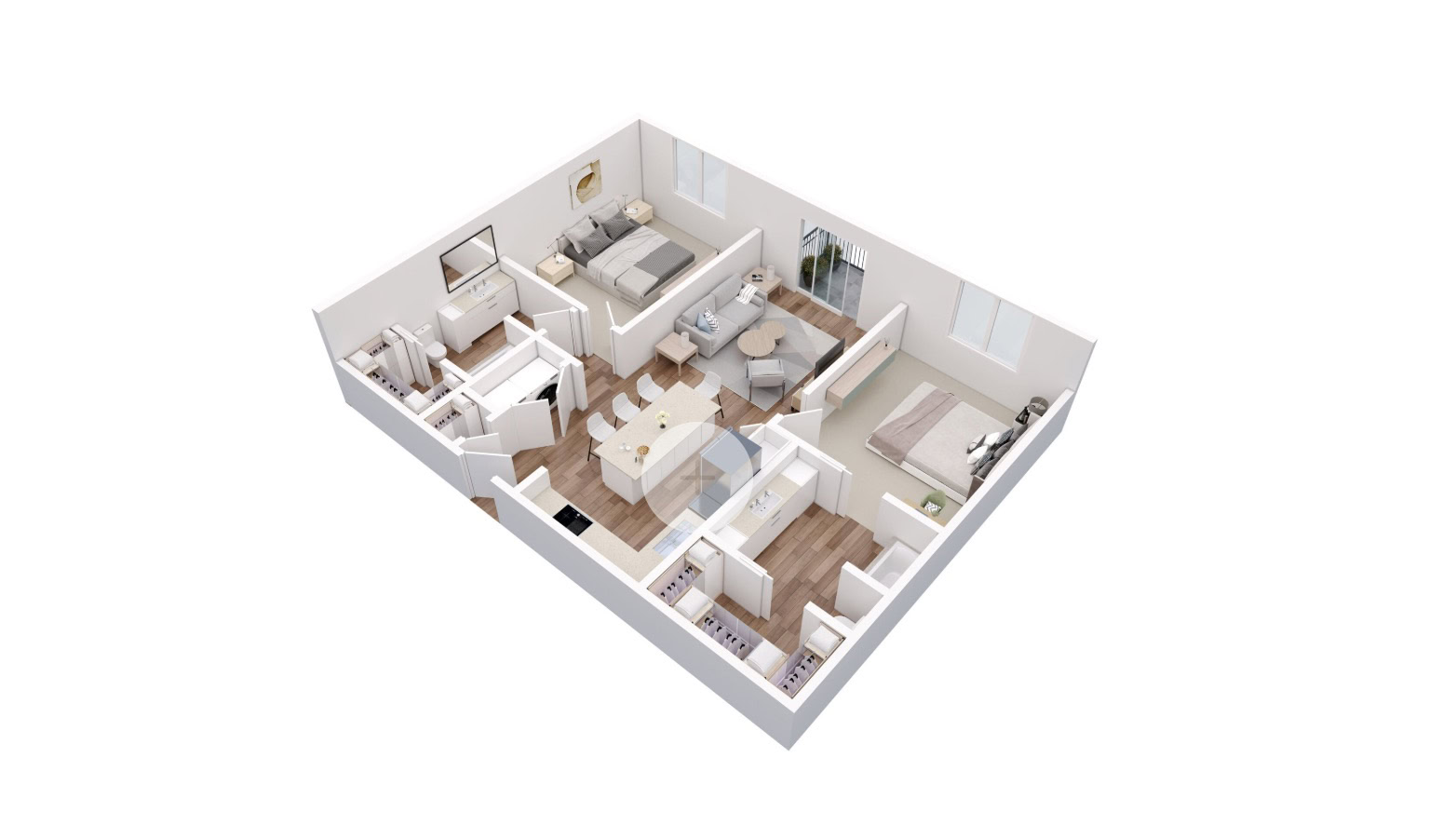 The image depicts a 3D floor plan of an apartment. It features three bedrooms, each furnished with beds and side tables. The living area includes a sofa and a coffee table, while a dining area with a table and chairs is centrally located. The kitchen is adjacent, equipped with cabinets and appliances. Large windows provide natural light, and there is a small balcony visible. The flooring is a mix of wood and light-colored tiles, creating a modern aesthetic.
