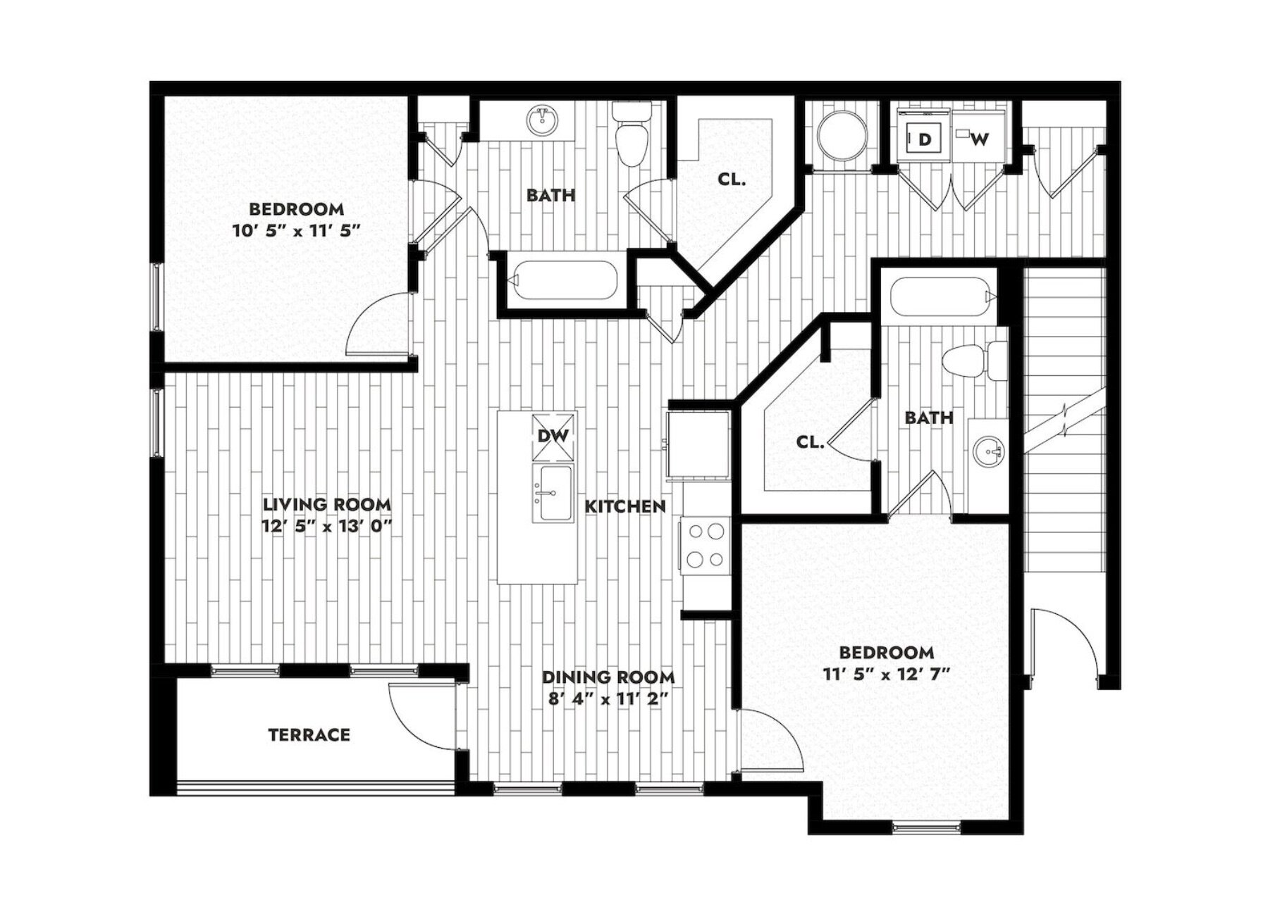 The floor plan features a layout with three bedrooms, two bathrooms, a living room, dining room, and kitchen. The living room measures 12' 5" x 13' 0" and is adjacent to the dining room, which is 8' 4" x 11' 2". The kitchen includes space for appliances and a dishwasher. There are two bathrooms, one near the bedrooms and another accessible from the living area. The bedrooms vary in size, with the first measuring 10' 5" x 11' 5" and the second 11' 5" x 12' 7". A terrace is located at the bottom of the layout.