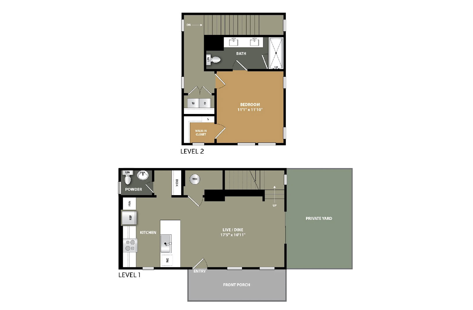 The image displays a floor plan of a two-level house. **Level 1** features an entryway leading to a front porch, a kitchen area, a living/dining space measuring 17'5" x 10'11", a powder room, and a staircase leading to the second level. There is also access to a private yard. **Level 2** includes a bedroom measuring 11'1" x 11'10", a bathroom, and a walk-in closet. The layout indicates the placement of windows and doors throughout both levels.