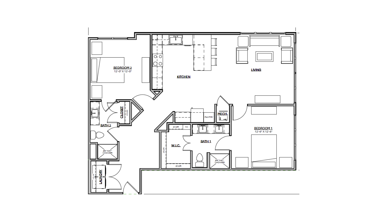 The image is a floor plan of an apartment layout. It features two bedrooms labeled "BEDROOM 1" and "BEDROOM 2," each with dimensions provided. The kitchen is centrally located, adjacent to a living area. There are two bathrooms, labeled "BATH 1" and "BATH 2," with one bathroom connected to a walk-in closet (W.I.C.). Additional spaces include a pantry, laundry area, and mechanical room (MECH). The layout is designed for efficient use of space, with clear pathways between rooms.
