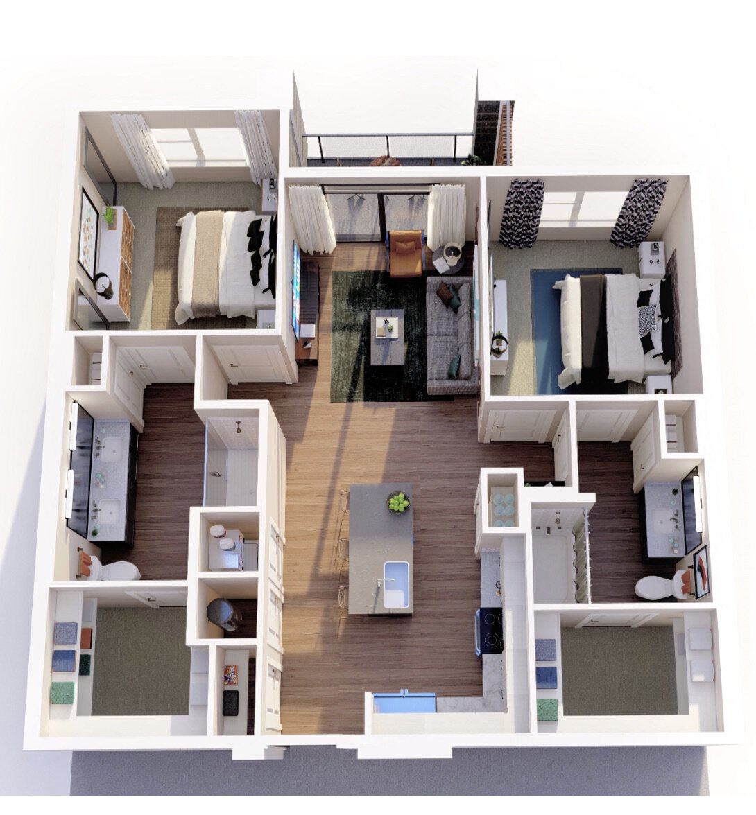 The image depicts a floor plan of a modern apartment layout. It features two bedrooms, each with a bed and nightstands, and a living area with a sofa and television. The kitchen is centrally located, equipped with an island and appliances. Adjacent to the kitchen are two bathrooms, one with a shower and the other with a toilet. The design includes large windows and sliding doors leading to a balcony, enhancing natural light throughout the space. The flooring is a warm wood tone, and the decor includes rugs and plants for added comfort.