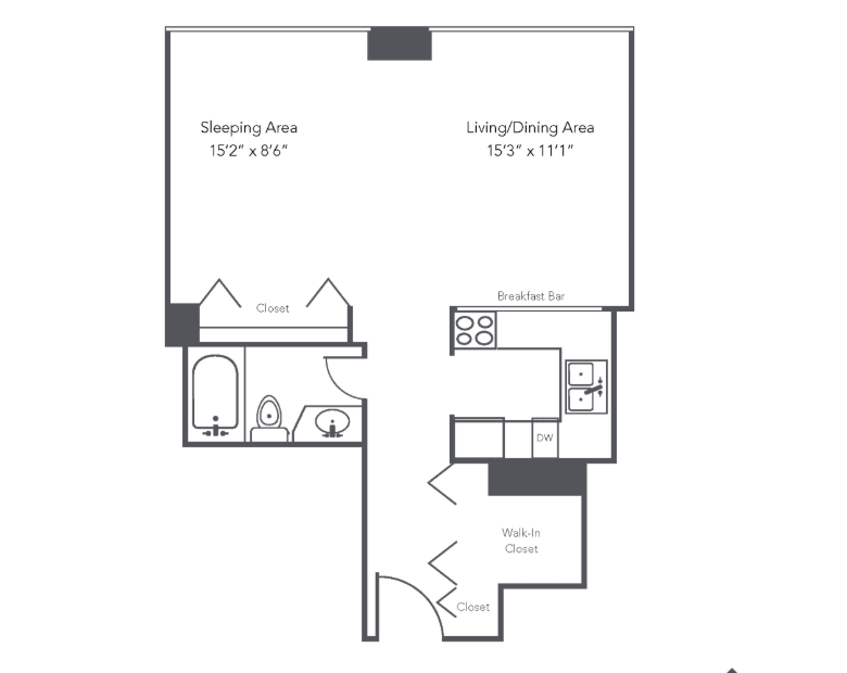 The floor plan features a one-bedroom layout with distinct areas for sleeping and living/dining. The sleeping area measures 15'2" x 8'6" and includes a closet. Adjacent to it is a bathroom with a toilet, sink, and tub. The living/dining area, measuring 15'3" x 11'1", includes a breakfast bar and a kitchen equipped with a sink, dishwasher (DW), and stove. There are additional closets, including a walk-in closet, enhancing storage options. The layout is efficient, maximizing space for comfortable living.