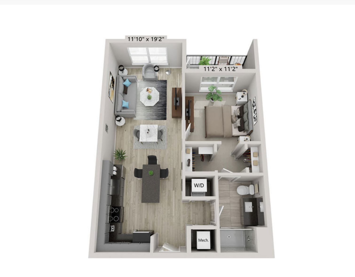 The image displays a floor plan of an apartment. The layout includes a living area with a sofa, coffee table, and television, adjacent to a dining area with a table and chairs. There is a kitchen area with counter space and appliances. Two bedrooms are shown, one with a bed and side tables, and the other with a workspace. A bathroom and a laundry area are also included in the design. Dimensions for each room are indicated, providing a clear overview of the space.