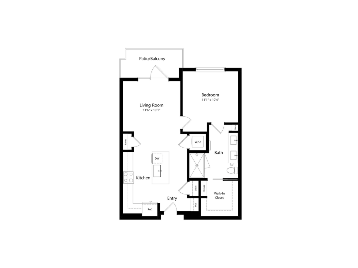 The floor plan features a one-bedroom apartment layout. The main areas include a Living Room measuring 11'6" x 10'1", a Bedroom sized 11'1" x 10'4", and a Bath. The Kitchen is adjacent to the Living Room and includes space for appliances like a refrigerator and dishwasher. An entryway leads into the apartment, and there is a Walk-In Closet in the Bedroom. A Patio or Balcony is accessible from the Living Room.