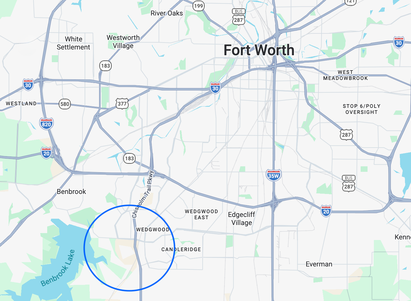 A detailed map of the Fort Worth area, highlighting major roads and neighborhoods. Key features include the I-20 and I-35W highways, along with various local streets. The area around Wedgwood is circled, indicating its location near Benbrook Lake to the southwest. Nearby neighborhoods include Edgecliff Village and West Meadowbrook. The map provides a clear layout of the urban landscape and surrounding areas.