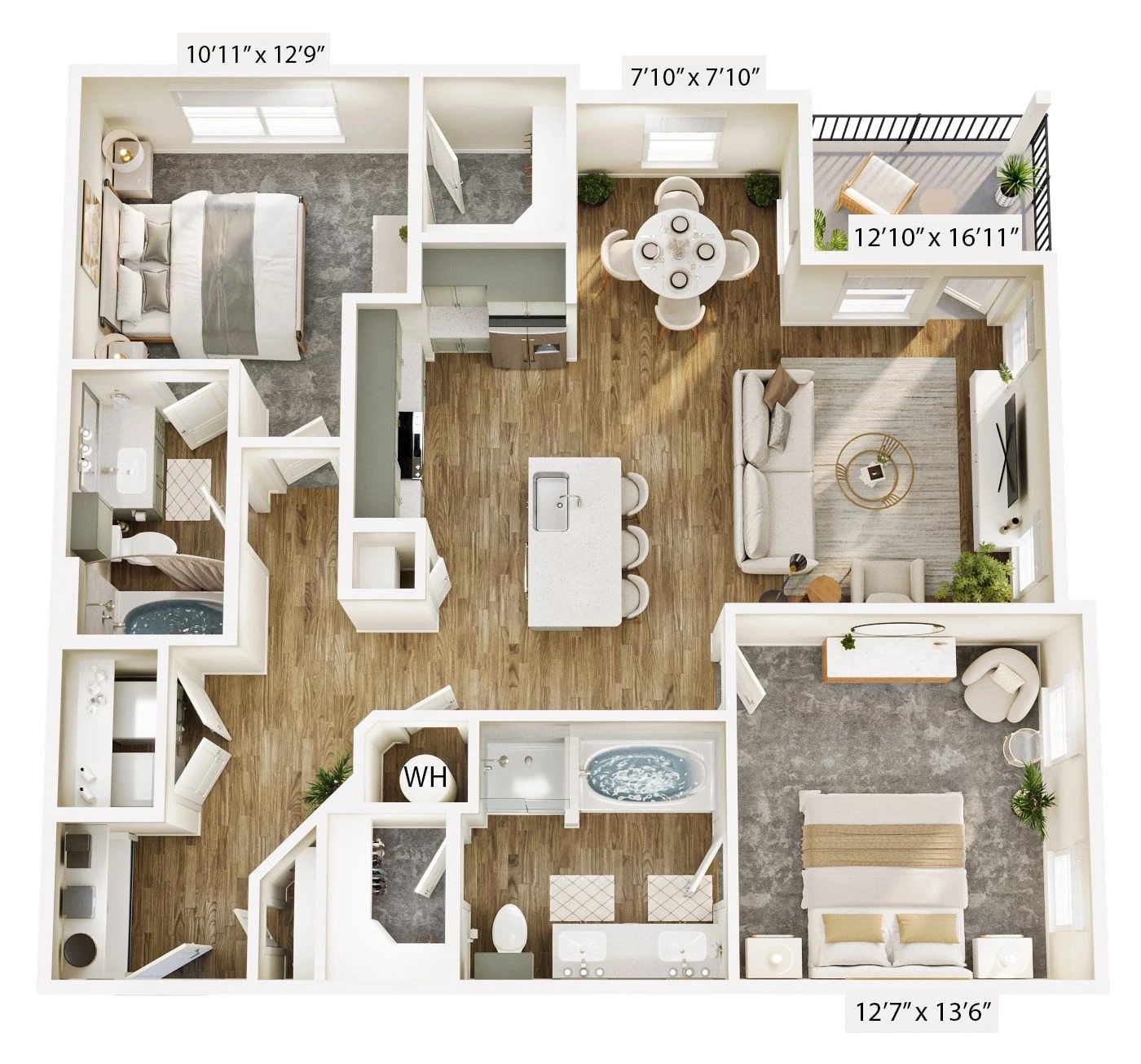 The image depicts a floor plan of an apartment layout. It features several rooms, including two bedrooms, a living area, a dining space, and a kitchen. The living area is furnished with a sofa and a coffee table, while the dining area has a round table with chairs. The kitchen includes an island with seating. There are two bathrooms, one with a bathtub and the other with a shower. A balcony is also visible, furnished with outdoor seating. The overall design showcases an open layout with a modern aesthetic.