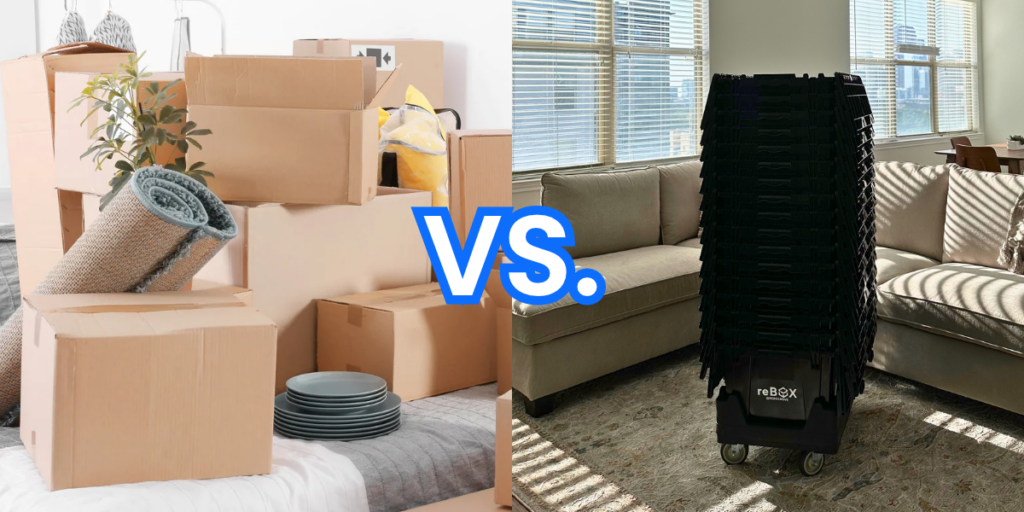 On the left, there is a cluttered scene featuring several cardboard boxes stacked together, some with items peeking out, including a rolled-up rug and plates. A small potted plant adds a touch of greenery to the arrangement. On the right, a neatly organized space showcases a stack of black plastic reusable moving boxes on wheels, labeled "reBOX." A light-colored sofa is positioned nearby, with sunlight streaming through the windows, casting shadows on the floor.