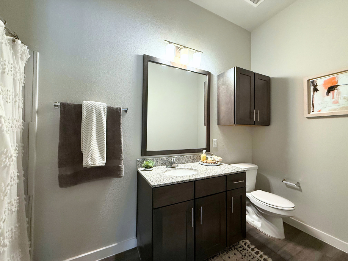 A modern bathroom features a dark wood vanity with a granite countertop and dual sinks. Above the vanity, a rectangular mirror is framed in dark wood, with a light fixture mounted above it. On the countertop, there is a decorative tray with toiletries. A towel rack holds a dark gray towel and a white striped towel. The bathroom includes a white toilet and a small cabinet above the toilet. A shower curtain with a textured design is visible on the left side, and a piece of abstract art hangs on the wall. The flooring is dark wood, complementing the overall contemporary aesthetic.