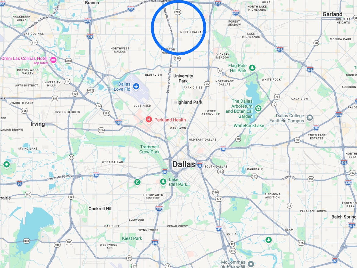 A detailed map of the Dallas area is displayed, highlighting various neighborhoods and landmarks. Key features include major highways such as Interstate 35 and 635, along with notable locations like Dallas Love Field Airport, Parkland Health, and the Dallas Arboretum and Botanical Garden. The map also shows parks, residential areas, and the layout of the city, with a blue circle marking a specific area in North Dallas.