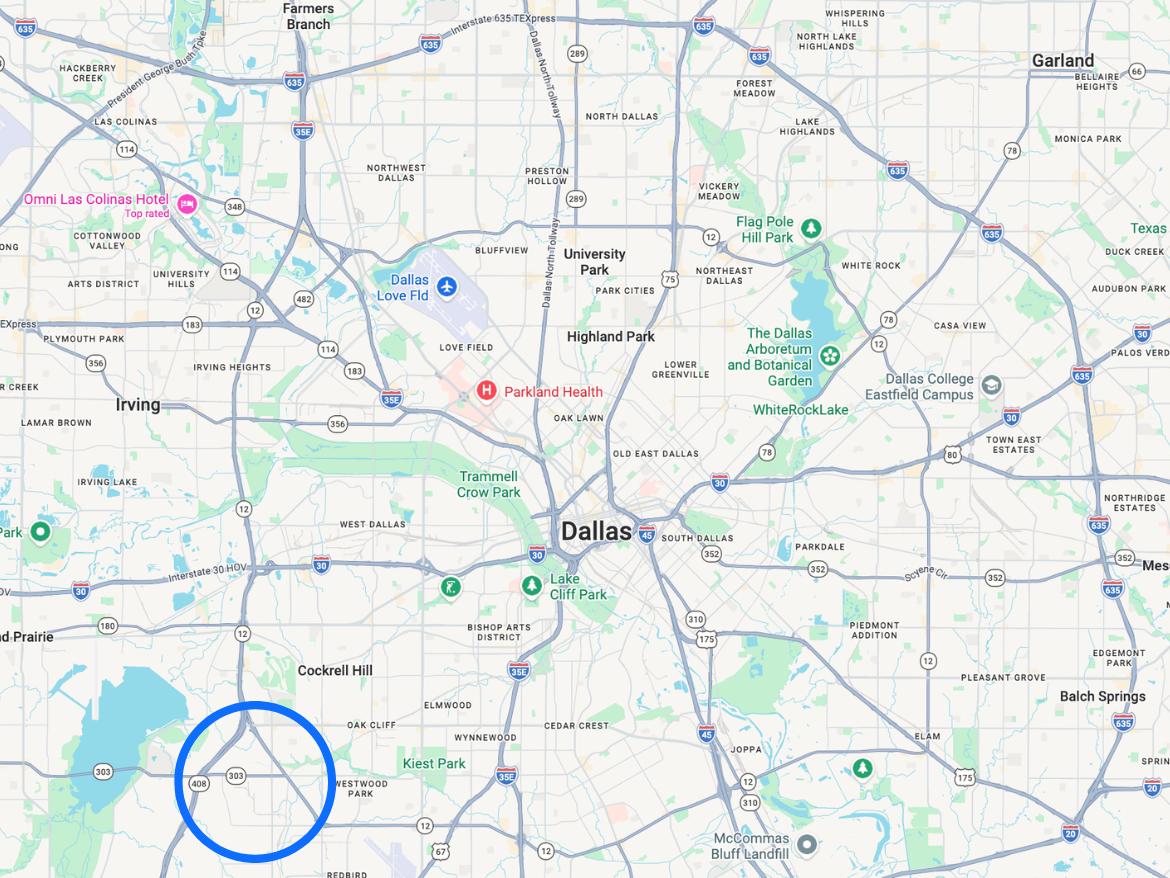 A detailed map of the Dallas area, featuring major highways and landmarks. Key locations include Dallas Love Field Airport, various parks such as Flag Pole Hill Park and Trammell Crow Park, and neighborhoods like Irving and Cockrell Hill. Major highways like I-30, I-35, and I-635 are clearly marked, facilitating navigation throughout the region. The map also highlights green spaces and educational institutions, providing a comprehensive overview of the area.