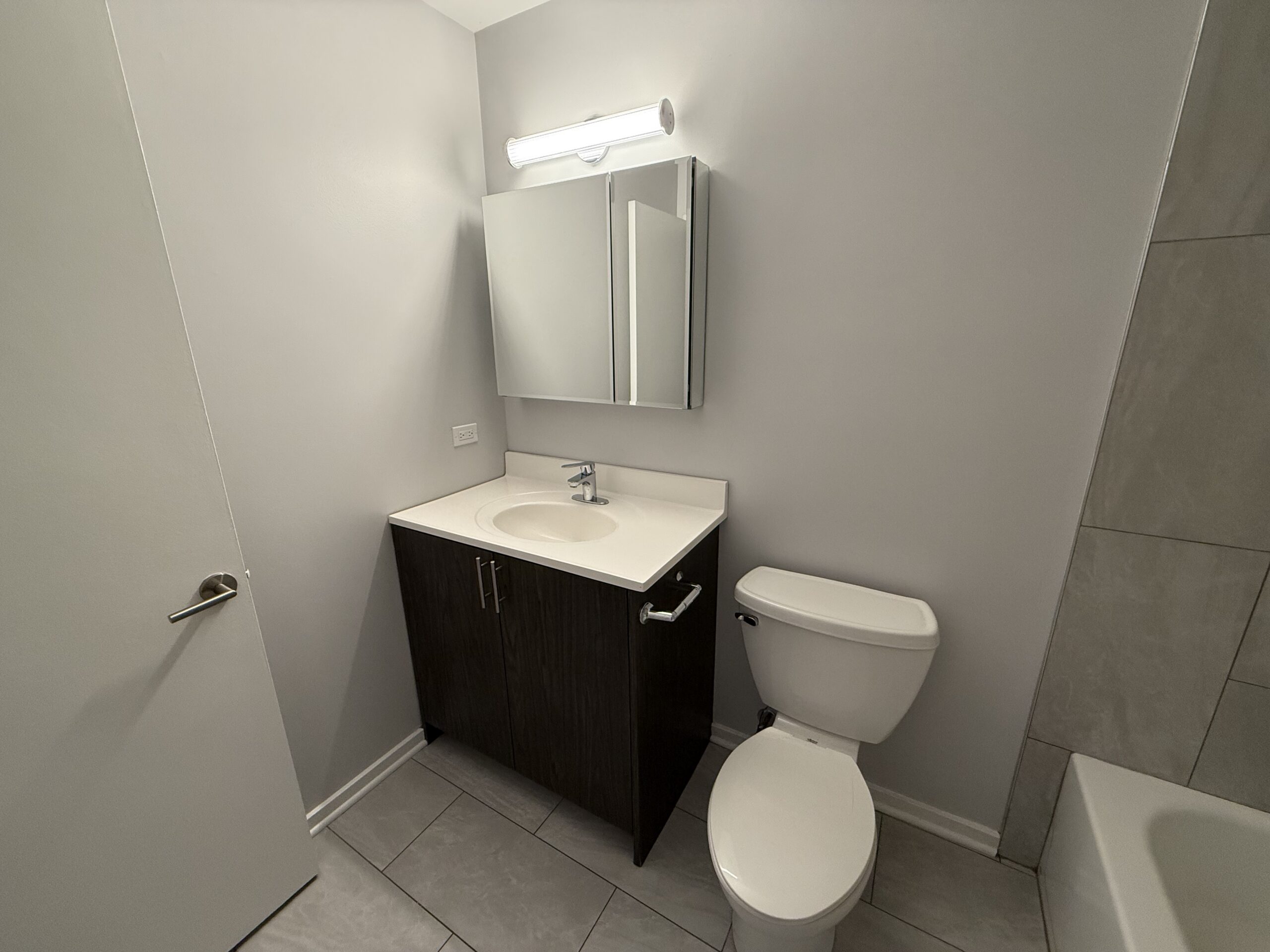 A modern bathroom featuring a dark wood vanity with a white countertop and sink. Above the sink is a mirrored cabinet with two doors. To the right, there is a white toilet. The walls are painted a light gray, and the floor is tiled in a neutral tone. A light fixture is mounted above the mirror, providing illumination.