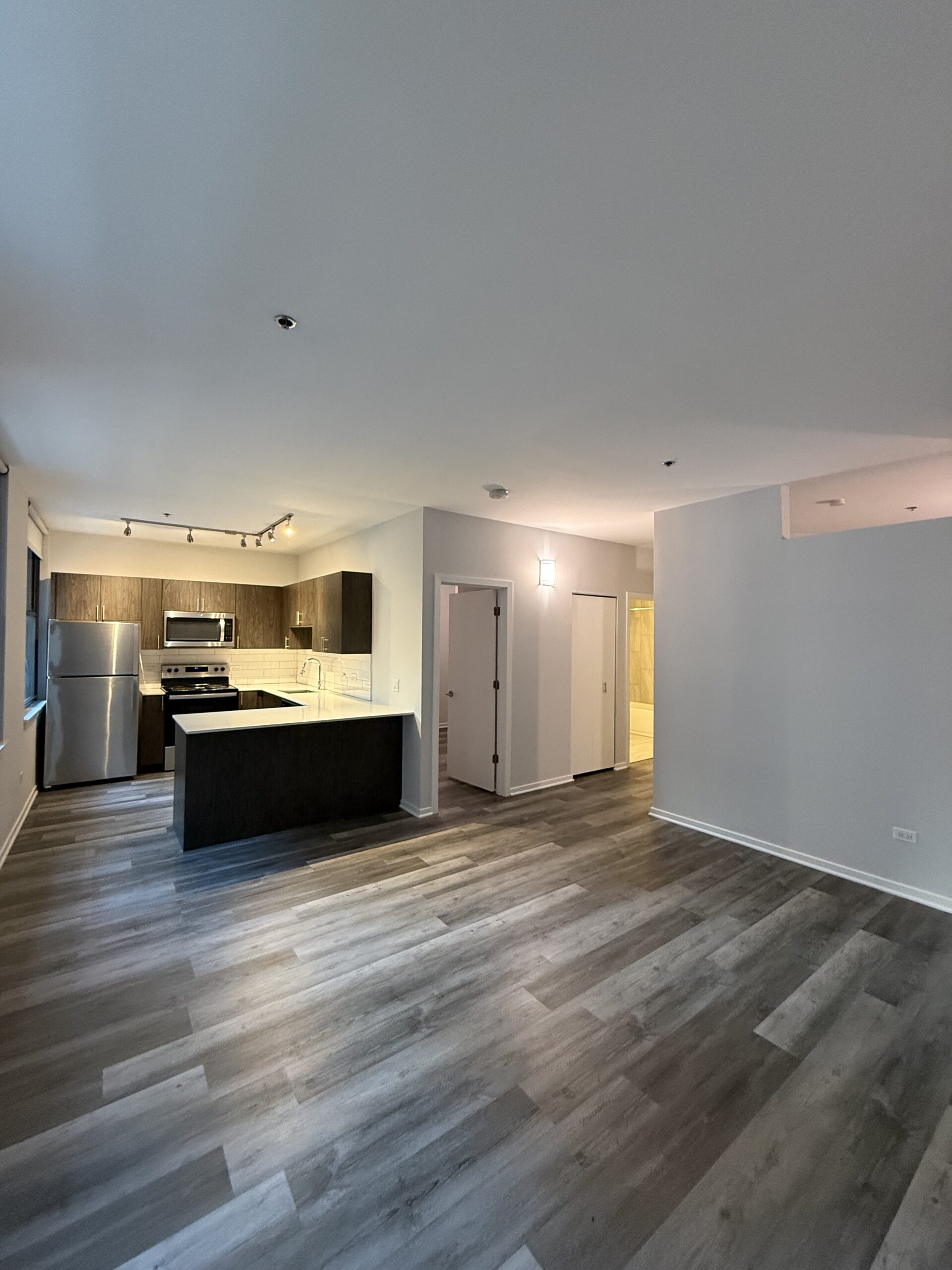 A modern kitchen area features dark wood cabinetry and stainless steel appliances, including a refrigerator and an oven. A white countertop extends into a small island. The kitchen is illuminated by track lighting. Adjacent to the kitchen, there are two doors leading to other rooms, one of which appears to lead to a bathroom with a tiled shower. The flooring is a light wood laminate, and the walls are painted in neutral tones. Natural light enters through a window, enhancing the spacious feel of the area.
