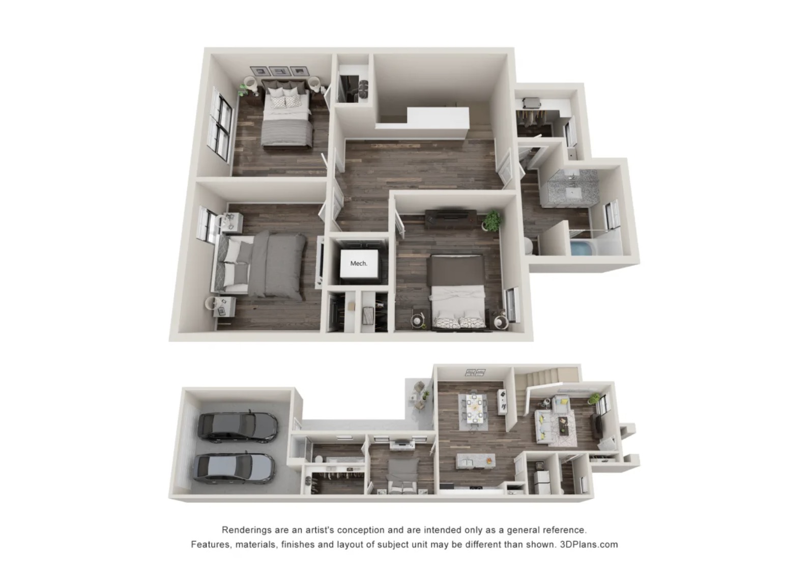 The image shows a floor plan of a two-story residential unit. The upper level features three bedrooms, each with beds and side tables, along with a living area and a bathroom. The lower level includes a garage with space for two cars, a dining area, a kitchen, and a living room. The layout is modern, with hardwood flooring and neutral-colored walls. There are also small decorative elements like plants and artwork throughout the space.