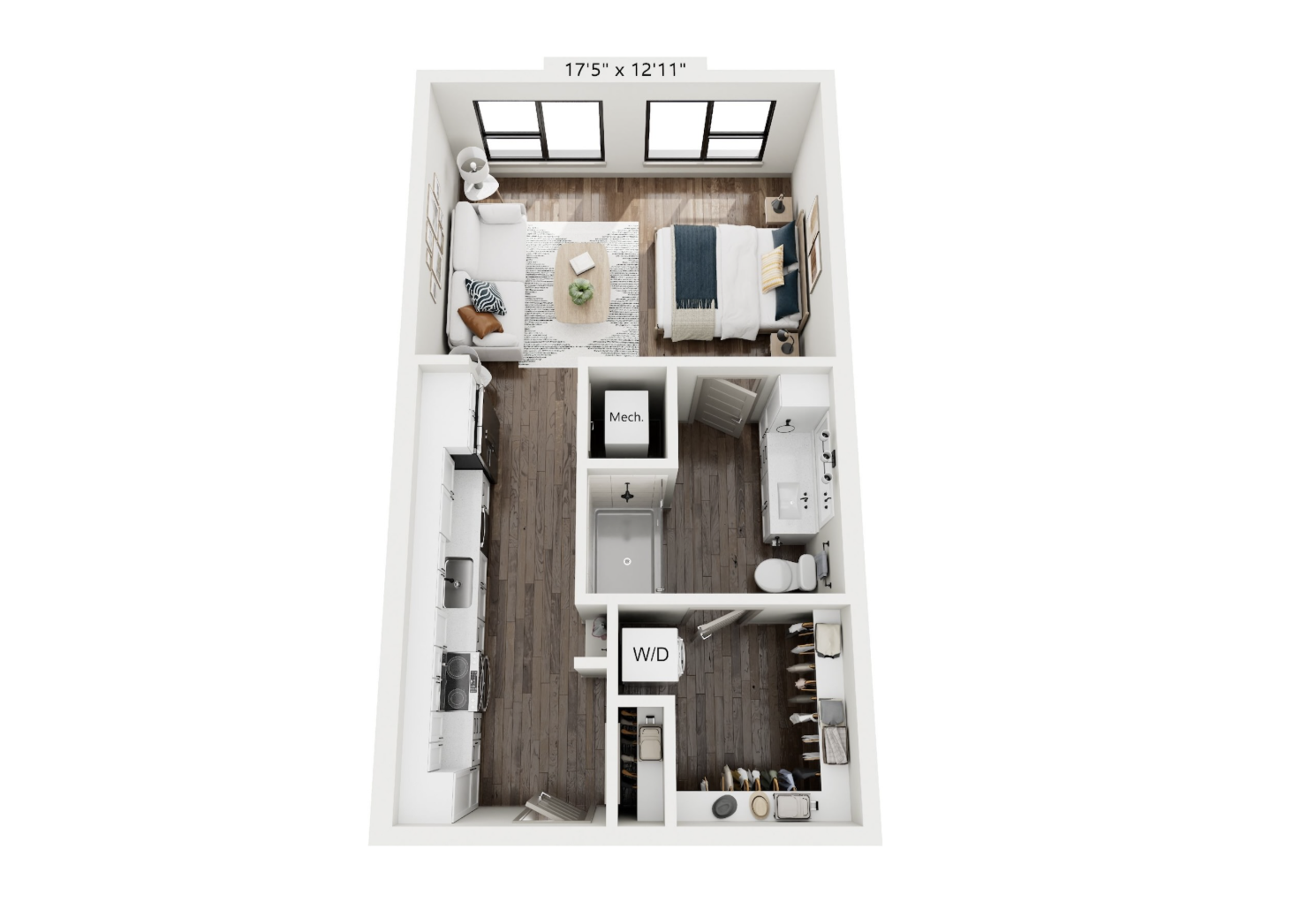 The layout features a compact apartment design with distinct areas. The living room includes a sofa, coffee table, and decorative rug, with large windows allowing natural light. Adjacent to it is a bedroom with a bed, nightstand, and additional decor. The kitchen is located along one wall, equipped with cabinets and appliances. A bathroom is situated nearby, featuring a shower, sink, and toilet. There is also a laundry area labeled "W/D" and a mechanical room. The flooring is a warm wood tone, enhancing the cozy atmosphere.