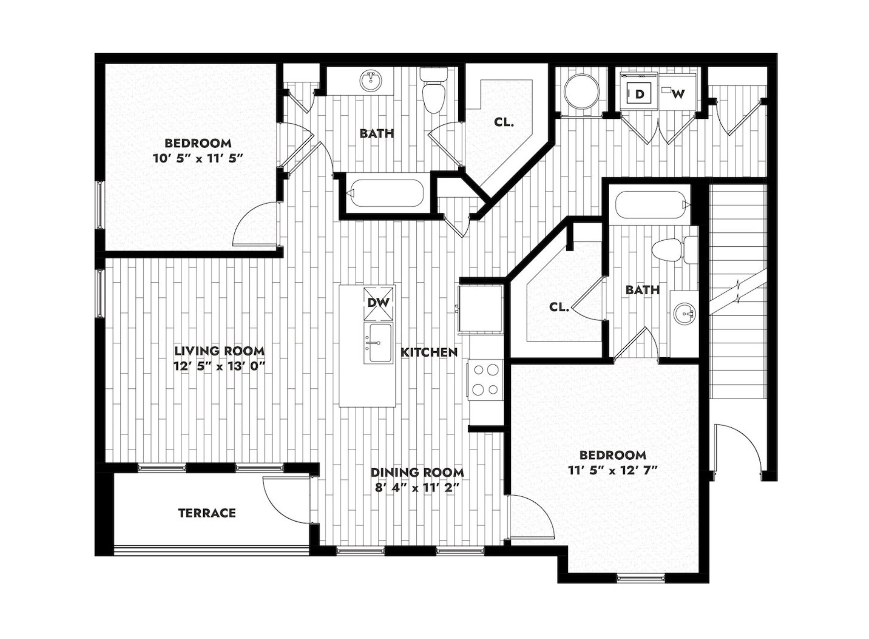 The floor plan features a layout with three bedrooms, two bathrooms, a kitchen, a dining room, a living room, and a terrace. The first bedroom measures 10' 5" x 11' 5", while the second bedroom is 11' 5" x 12' 7". The living room is spacious at 12' 5" x 13' 0", and the dining room is 8' 4" x 11' 2". The kitchen includes a central island with a sink and space for appliances. There are two bathrooms, one adjacent to the first bedroom and another near the second bedroom. The terrace is accessible from the living room. The layout is designed for efficient use of space and flow between rooms.