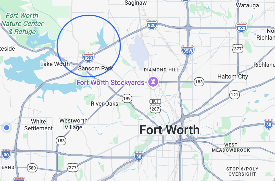 The image is a map of Fort Worth, Texas, highlighting key locations and roadways. It features Lake Worth to the northwest, with Sansom Park nearby. Major highways such as I-820 and I-35 are clearly marked, along with various neighborhoods and landmarks, including the Fort Worth Stockyards. The map includes water bodies and green spaces, indicating areas of nature and recreation.