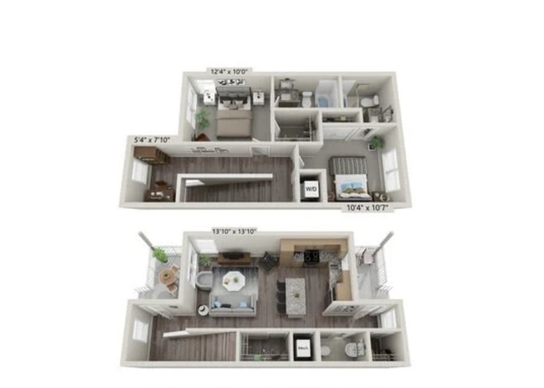 The image displays a floor plan of a two-story apartment. The upper level features two bedrooms, a bathroom, and a kitchen area, with dimensions labeled for each room. The lower level includes a living room, dining area, and another bathroom, also with labeled dimensions. The layout emphasizes an open concept in the living and dining spaces, with a staircase connecting the two levels.