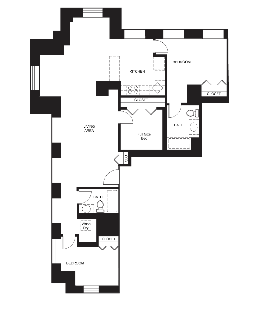The floor plan features a layout with multiple rooms. The main areas include a living area, kitchen, and two bedrooms. - The kitchen is adjacent to a closet and opens into the living area. - One bedroom contains a full-size bed and has a closet. - There are two bathrooms: one near the kitchen and another near the second bedroom, which also has a closet. - The second bedroom includes a designated space for a washer and dryer. Overall, the design emphasizes functional living spaces with adequate storage.